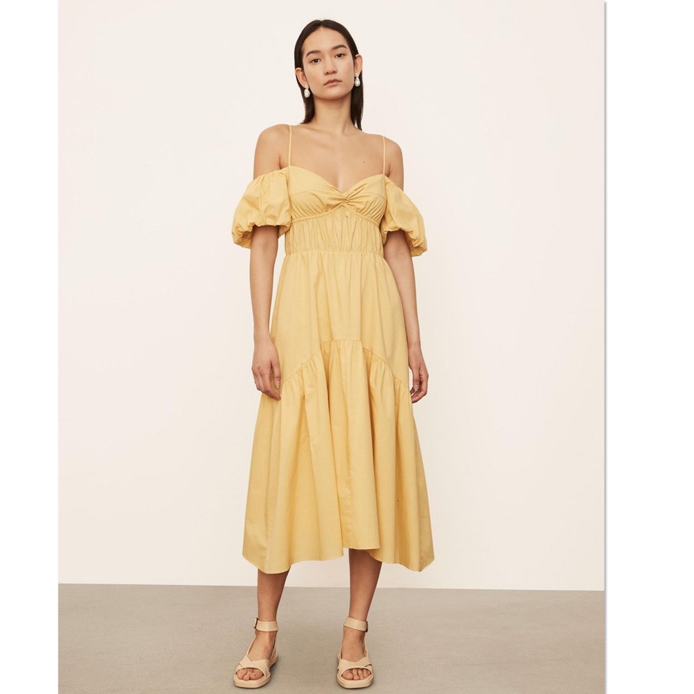 Vince puff sleeve cold-shoulder ruffle tiered yellow midi dress
